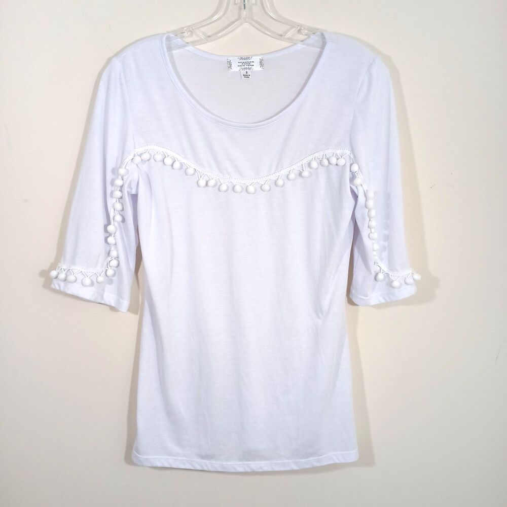 Sharon Ford NY Women's White Pompom Trim Overlay 3/4 Sleeve Blouse Sz S(4)